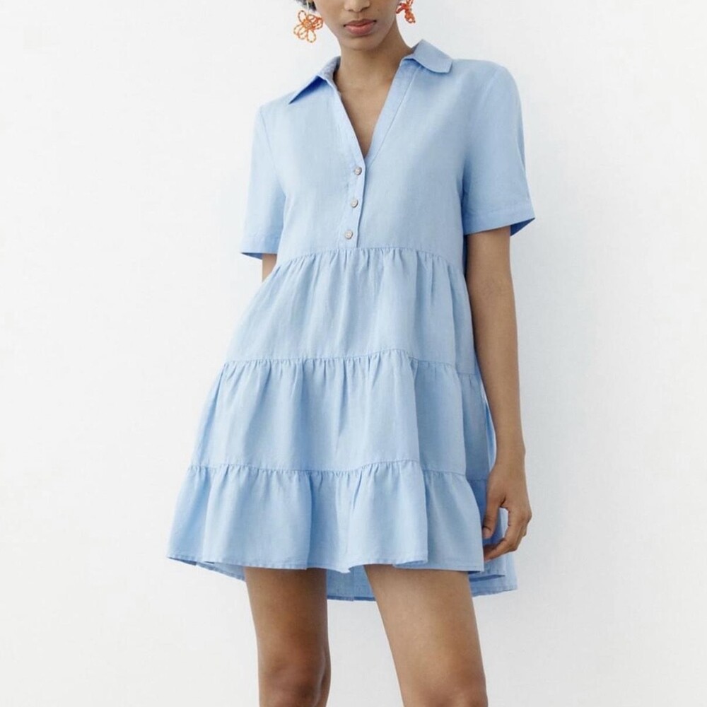 Zara Light Blue Tiered Cottagecore Linen Blend Babydoll Shirt Dress Size M